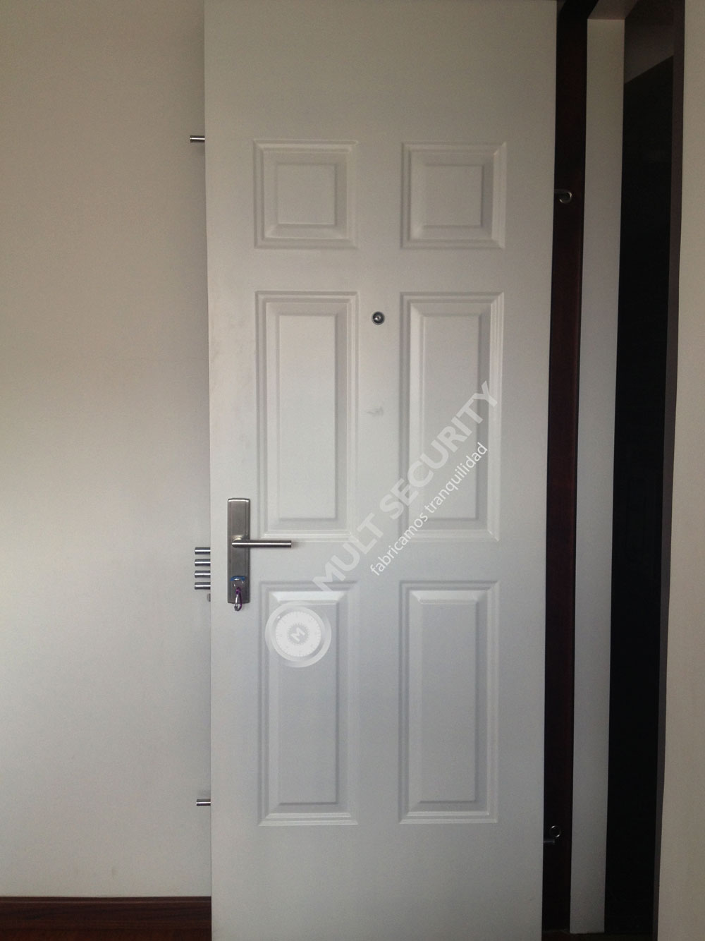 Puerta de seguridad con acabado en madera
